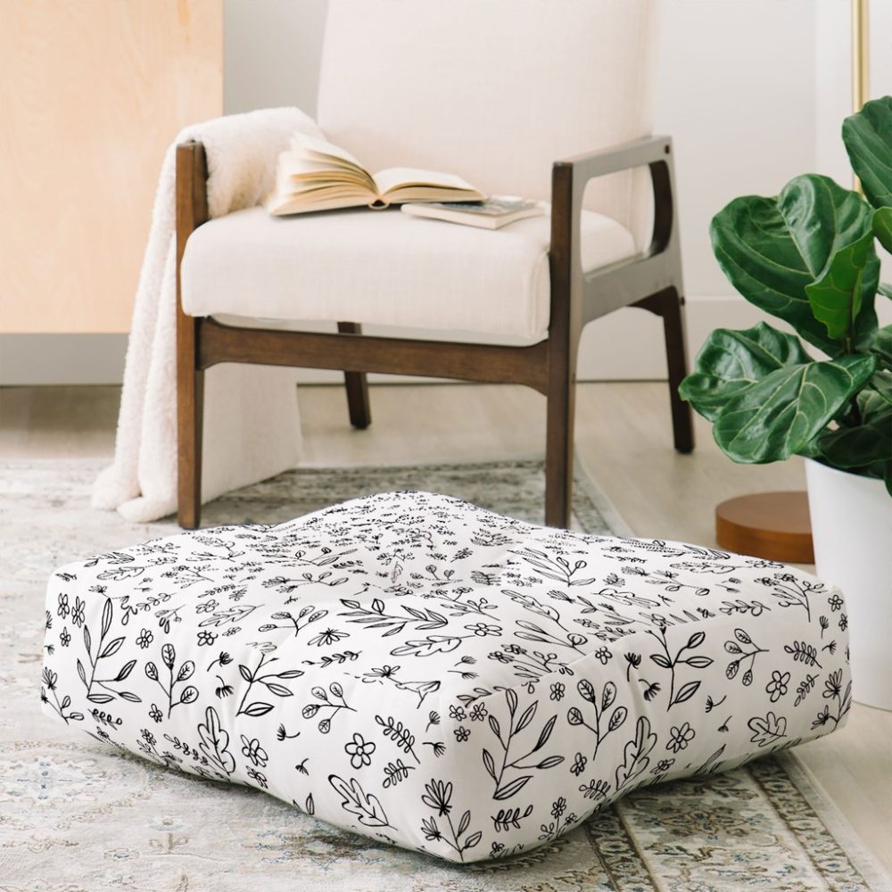 Floral Sketches Floor Pillow by Wonder Forest